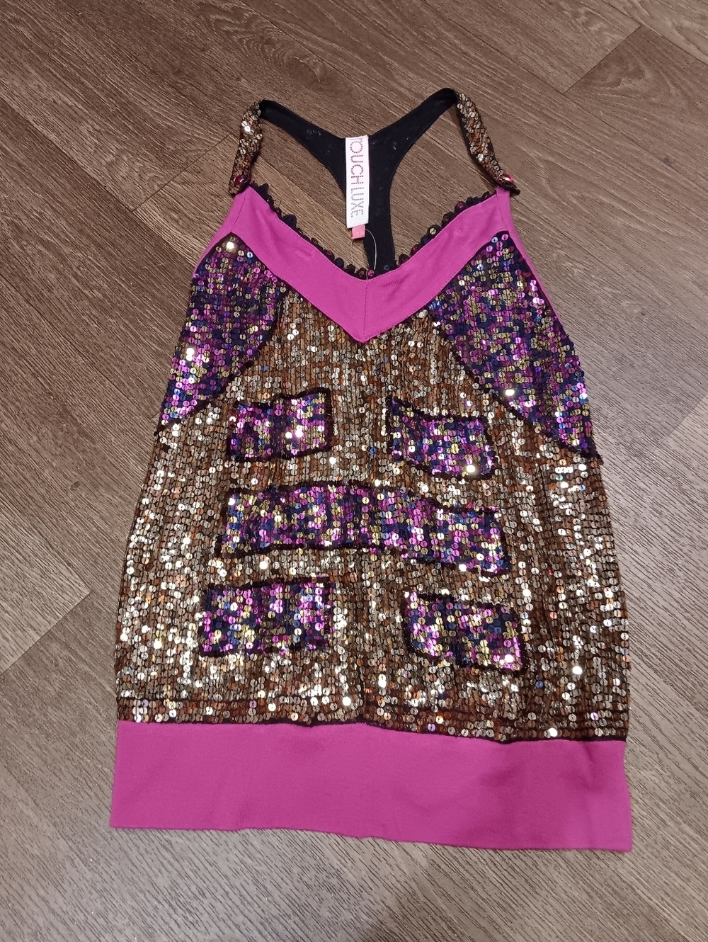 Y2k 90s Gold Sequin & Pink Racerback Crop Top 100%silk